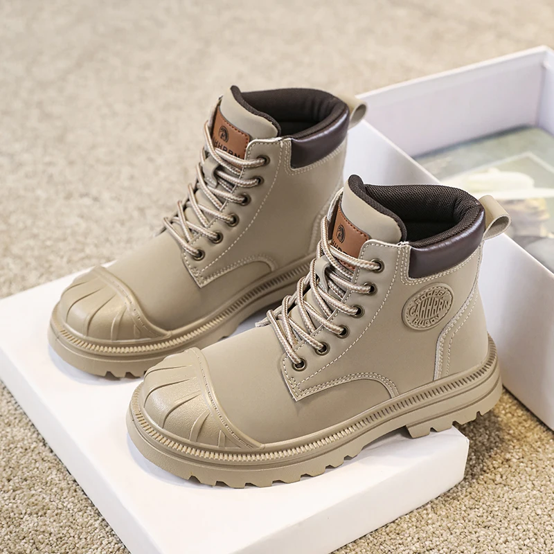 Girls Boys Ankle Leather Boots with Zipper Lace Up Outdoor Hiking Waterproof Anti-Slip Durable Combat Bootie for Kids 4