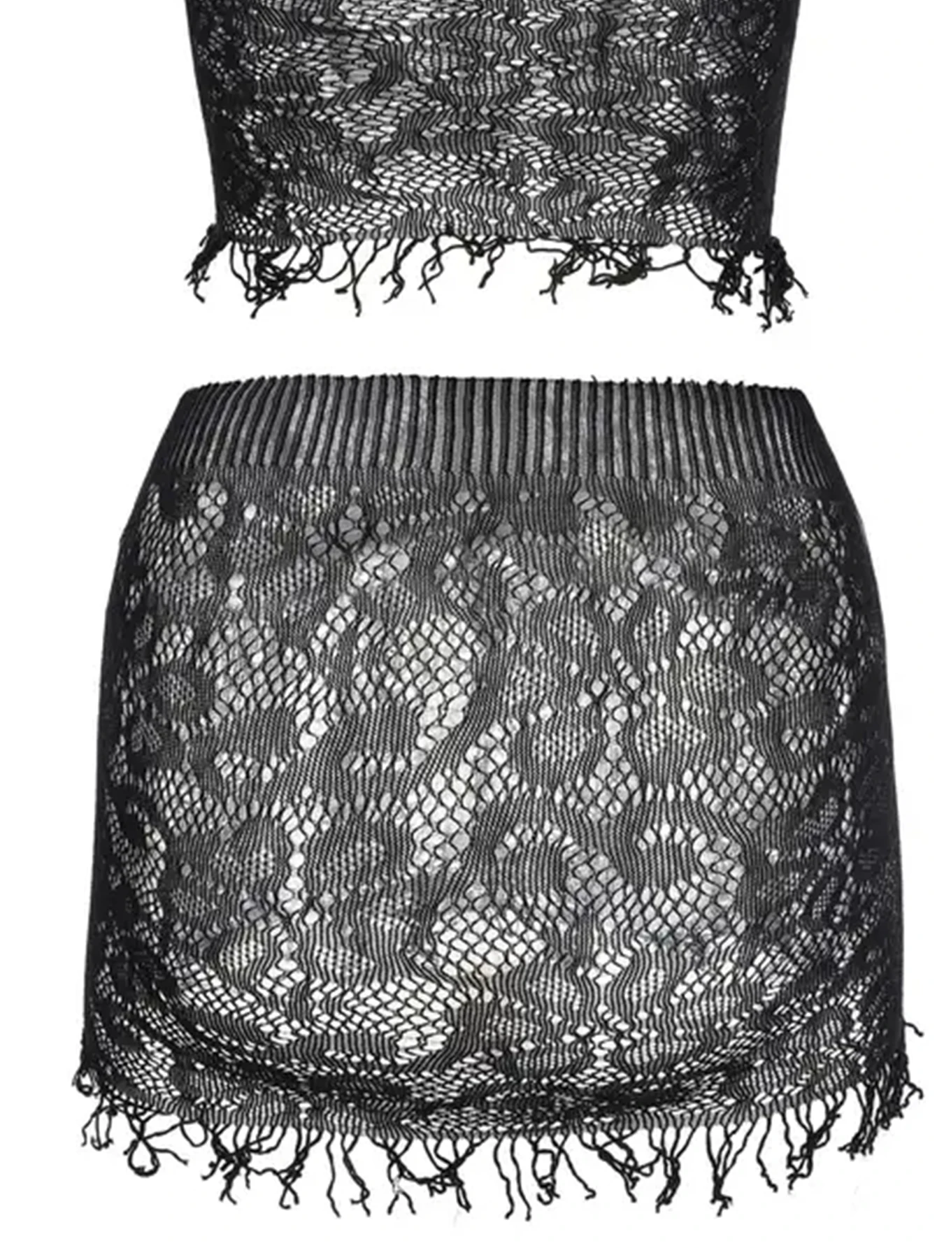 1 Set Sexy Women Fishnet Cover Ups Hollow Out Bodycon Women's Swimwear See through Tassel Dress without Bikini Beachwear 6