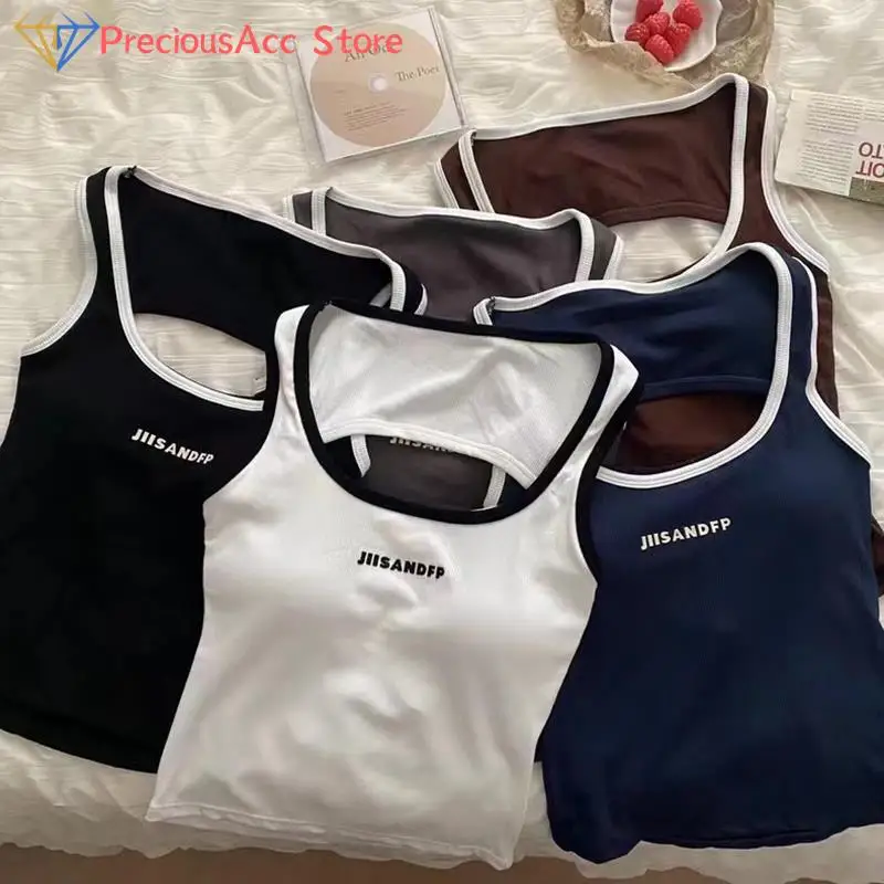 

Summer Letter Print Tank Top Solid Color Round Neck Crop Tops Women Sexy Sleeveless Camisole T-Shirt Girls Streetwear Tees