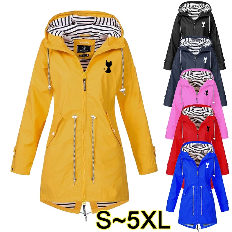 Women's outdoor windproof zipper long hooded jacket Solid casual lightweight pocket windproof jacket Raincoat Charge jacket