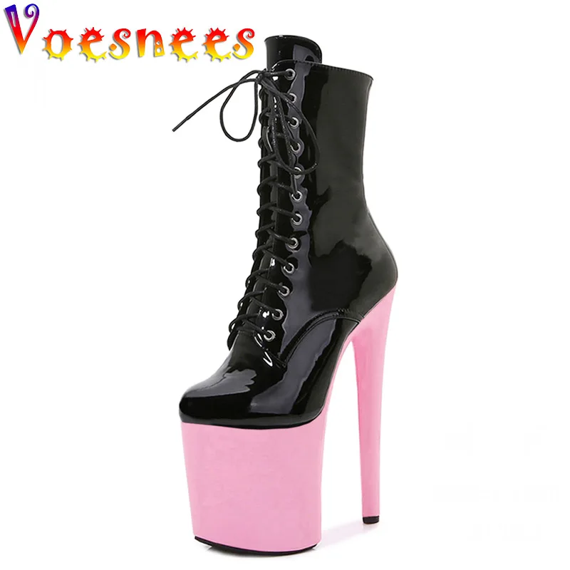 

8 Inches Fetish High Heels Mid-Calf Boots Woman Pink Platform Pole Dance Shoes Sexy Stripper Show Nightclub Lace Up Women Pumps