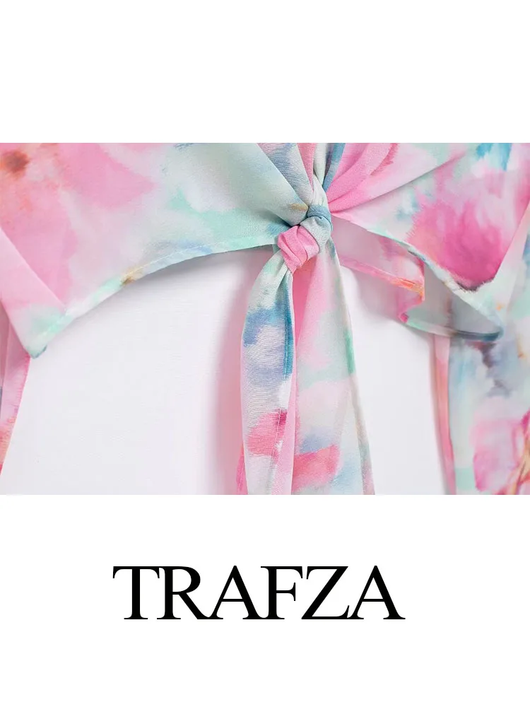 TRAFZA Summer Blouse Woman Trendy Print Turn-Down Collar Long Sleeves Bow Decorate Single Breasted Female Bohemian Shirts