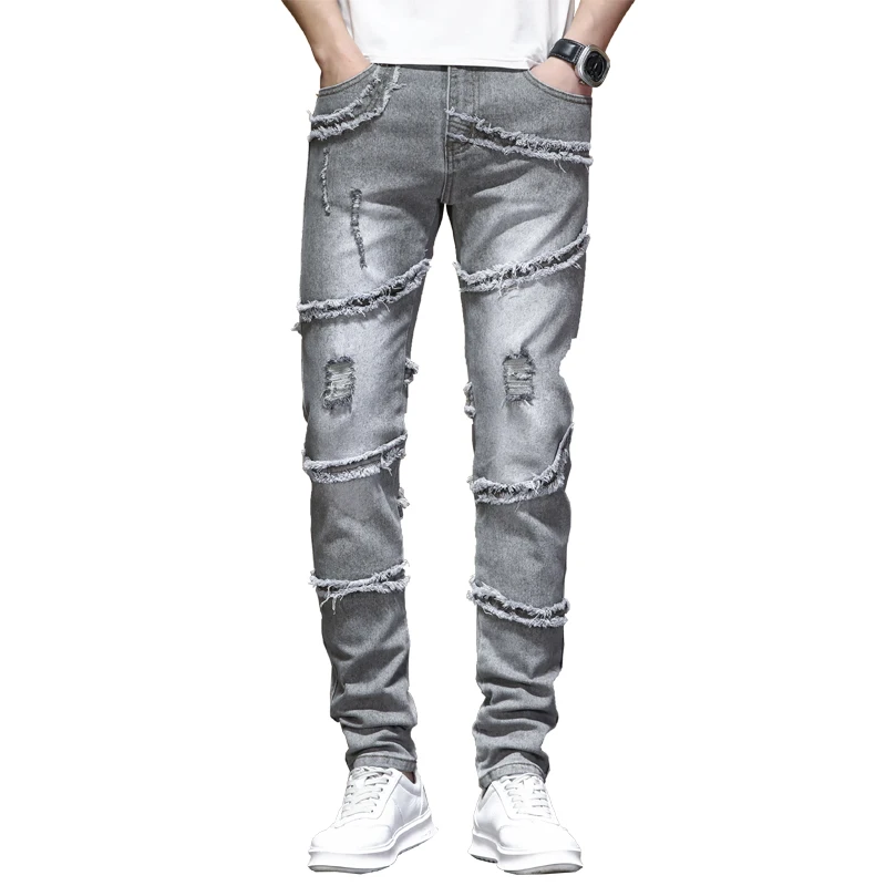 2024New Handsome Ripped Stitching Jeans Men's Slim Fit Stretch Personality Frayed Retro Personality Washed Motorcycle Trousers