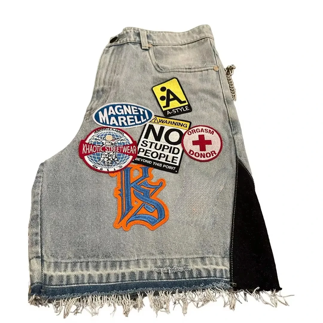 Retro Cartoon Patchwork Denim Shorts Y2K Jeans Men Women Hip Hop Cartoon Embroidery Retro Blue Baggy Denim Fitness Casual Shorts