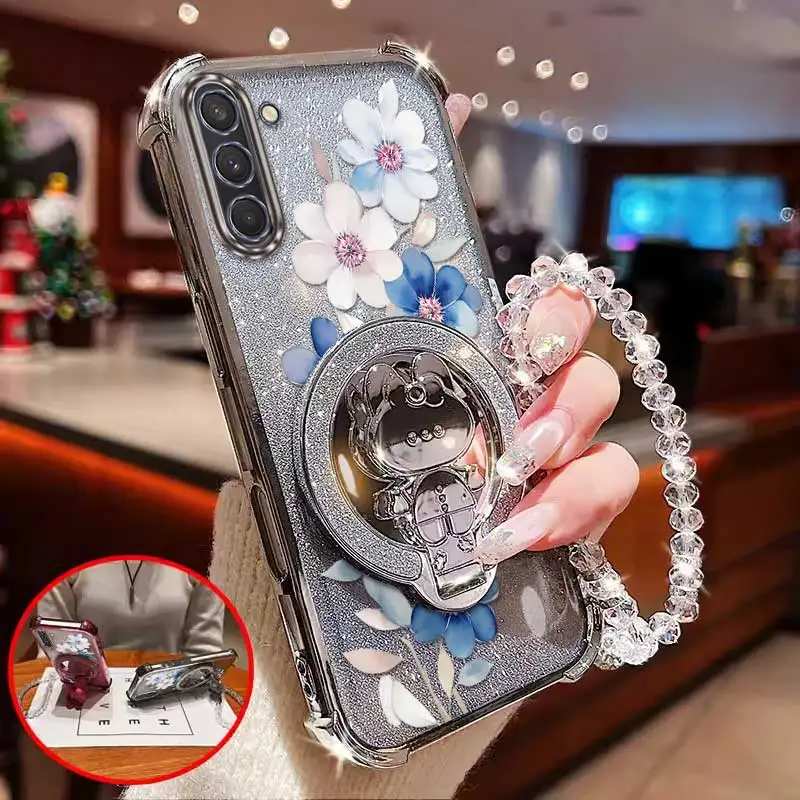 Attractive Flower Phone Case Set with Lanyard and Circular Stand - 3 Piece Set