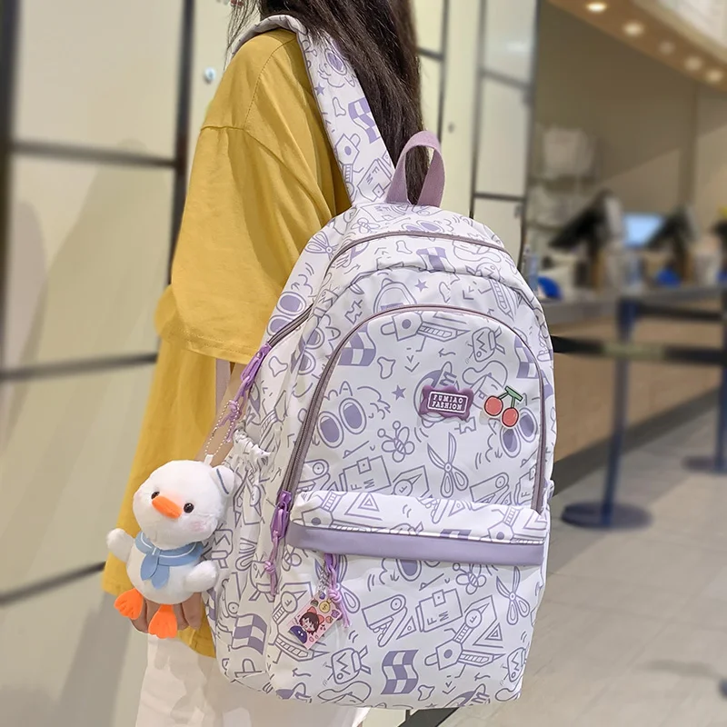Purple Girl Travel Cartoon Print Laptop Backpack Female Harajuku Book Bags Ladies College Fashion Kawaii Women Leisure SchoolBag