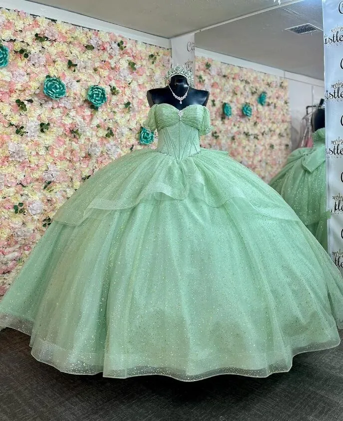 

Mint Green Sparkly Princess Quinceanera Dress Off Shoulder Ruffles Gillter Skirt vestidos debutantes 15 anos Corset Lace Up