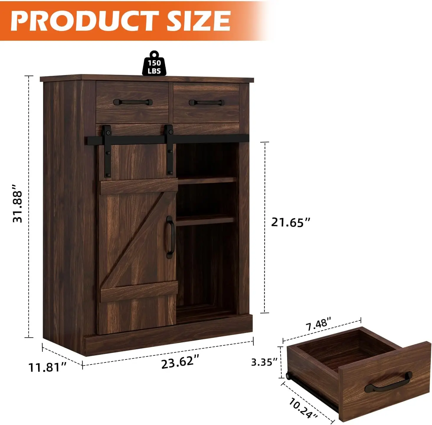 Farmhouse Storage Cabinet Modern Buffet Sideboard with 2 Drawers & Barn Door Freestanding Kitchen Pantry Coffee Bar Cabinet