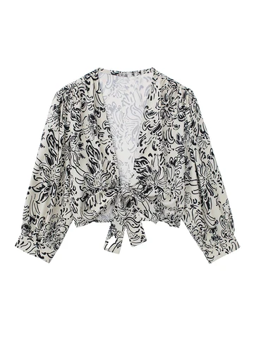 2022 Spring Summer New Sweet Fashion Bow Decorate Print Blouses Vintage Half Sleeves Female Shirts Chic Tops