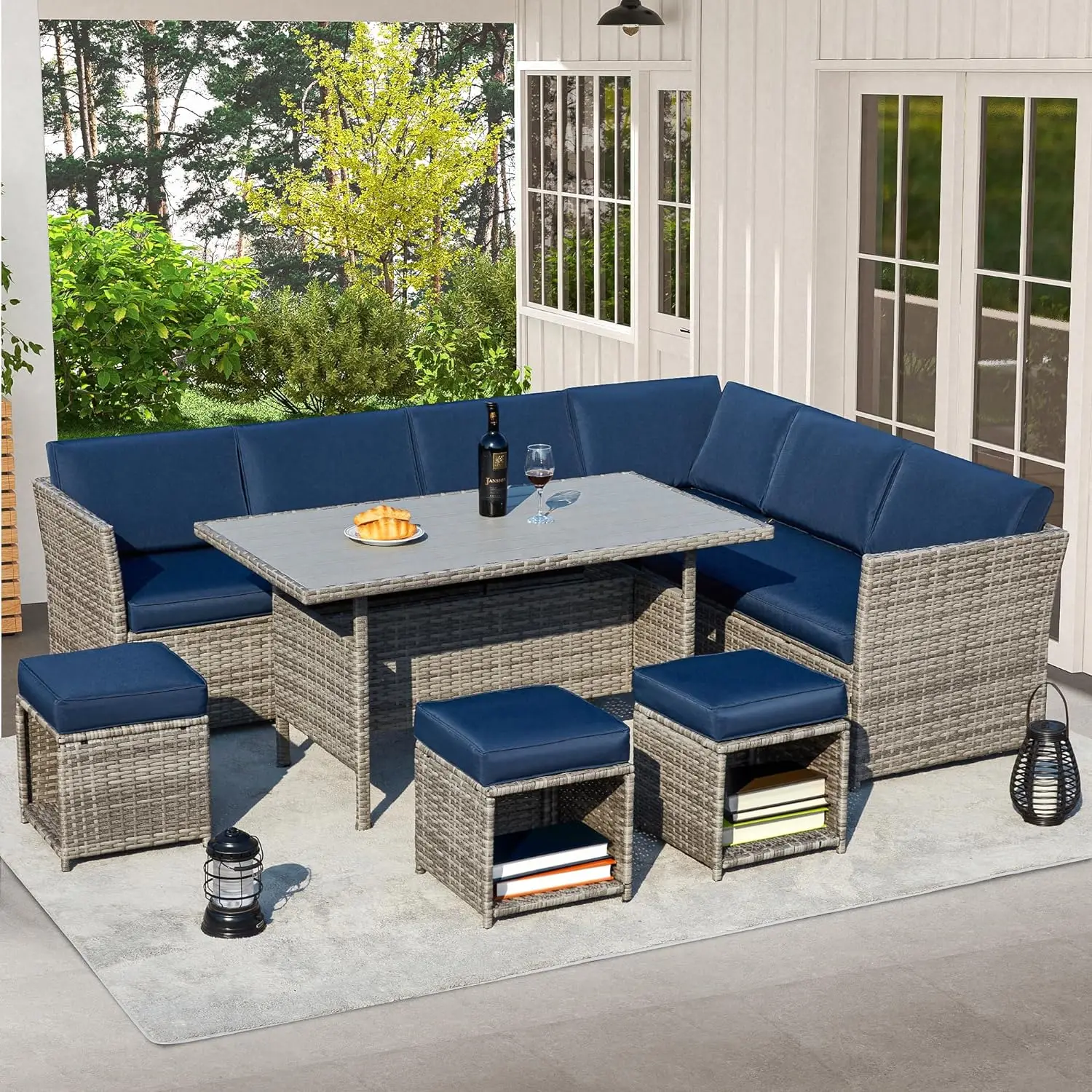 

7 Pieces Patio Furniture Sets, Outdoor Dining Sectional Rattan Couch Sofa w/Ottoman Chairs, All-Weather Wicker Conversation Set