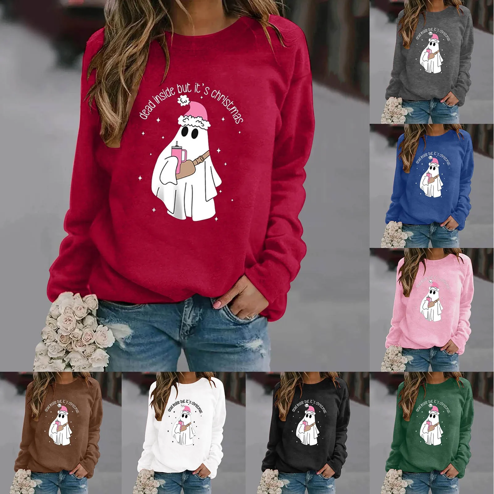 

Womens Christmas Pattern Autumn/Winter Loose Top Solid Drop Shoulder Sleeves Hatless Pullover Top 90s Jumper Gothic