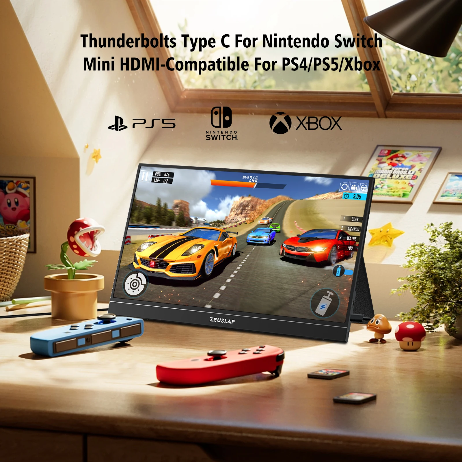 ZEUSLAP 노트북 스위치 PS5 Xbox 확장 모니터용 게임 디스플레이, 높은 재생률, 15.6 인치, 2560*14400P, 120Hz, ZP156K