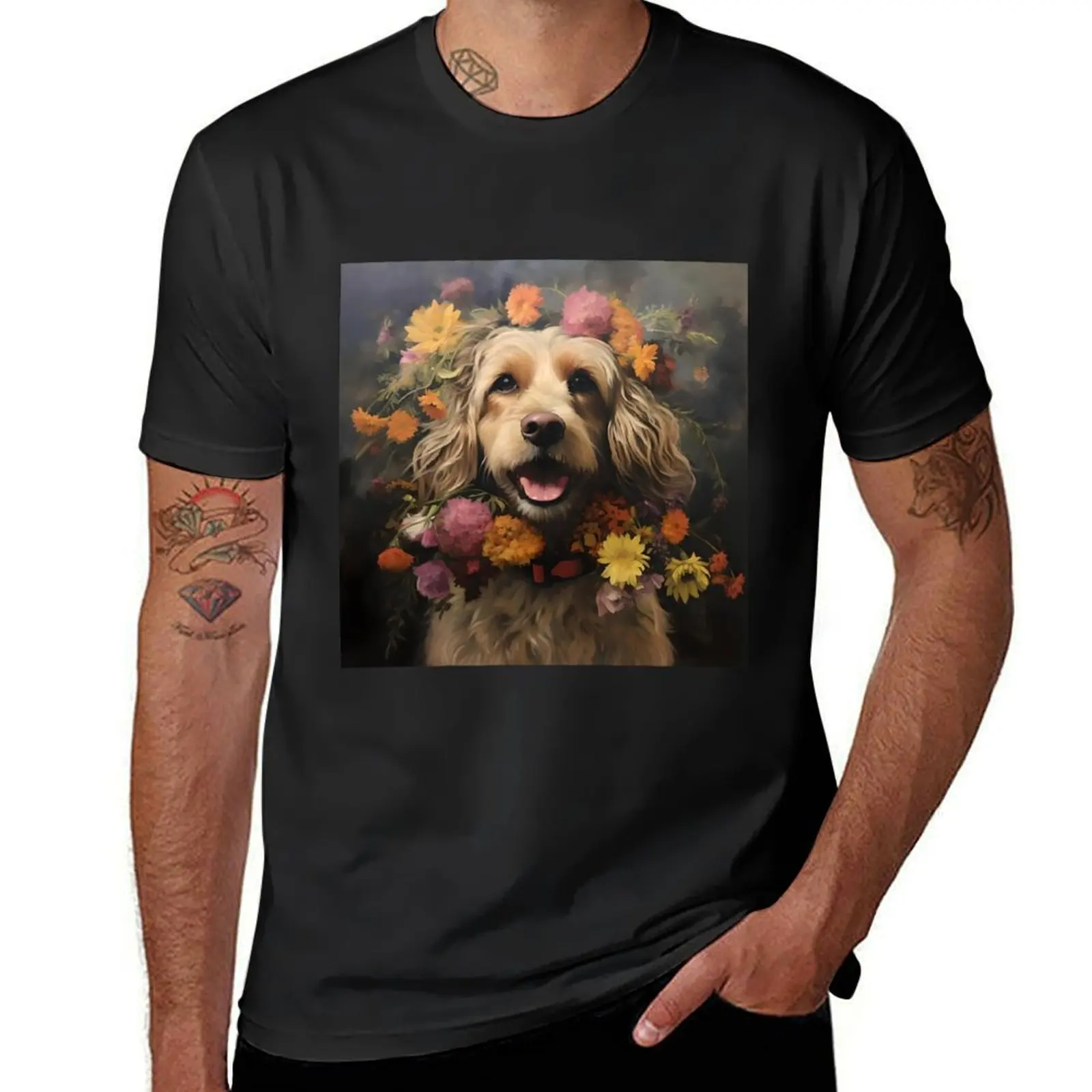 

Cute dog with a floral headdress T-Shirt blanks Short sleeve tee tshirts for men
