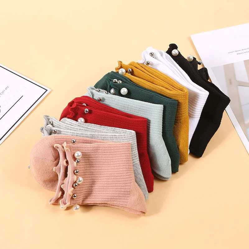 

Fashion Pearl Socks Women's Cotton Wooden Ears with Butterflies and Piles of Socks Women's Personality Wild Net Red