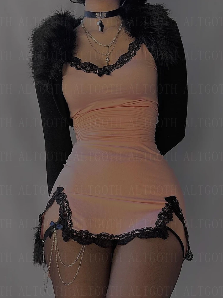 AltGoth Fairycore Y2k Pink Dress Women Sexy E-girl Lace Patchwork Strapless Dress Streetwear Harajuku Emo Alternative Clothes 2