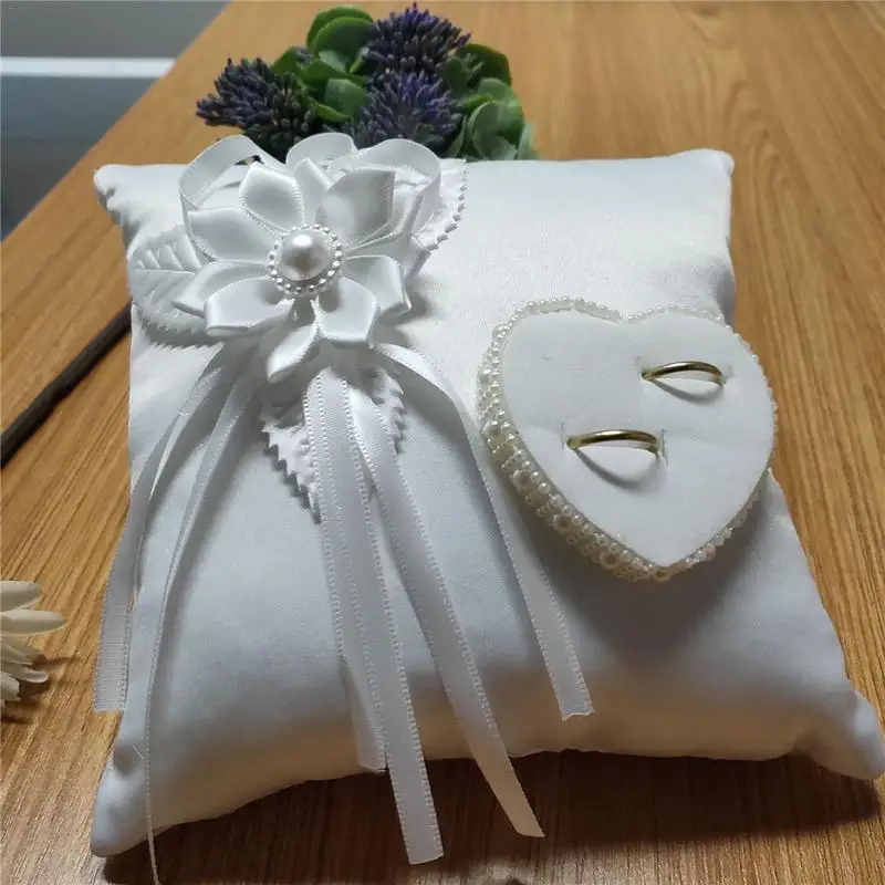 

20cm Wedding Ring Pillow Lace Flower Decoration Bridal Wedding Ring Carrying Cushion With Bowknot Rhinestone Party Decoration