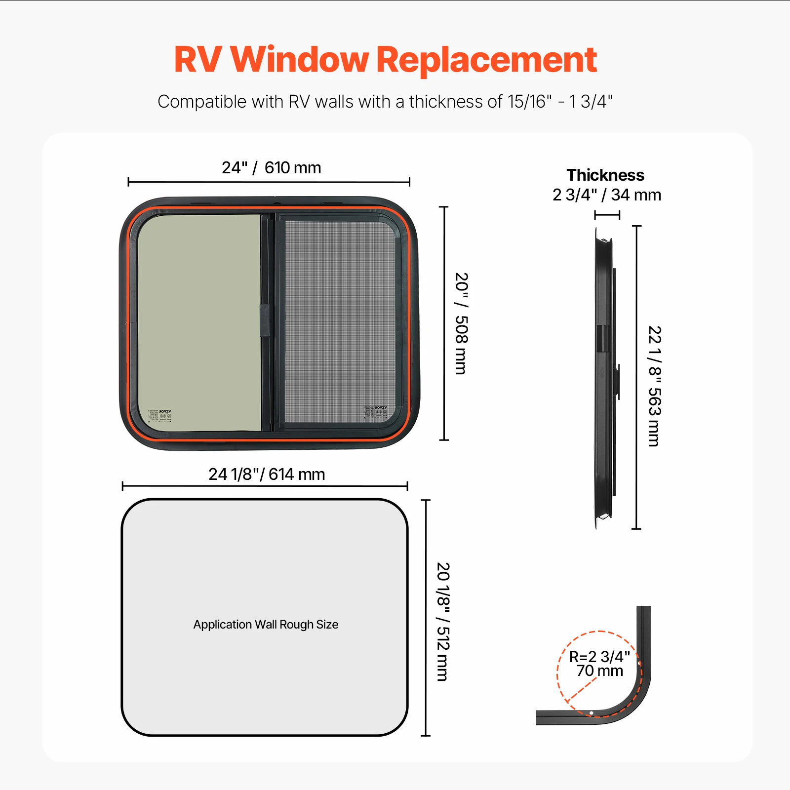 Tinted Horizontal RV Window with Net Screen and Trim Ring
