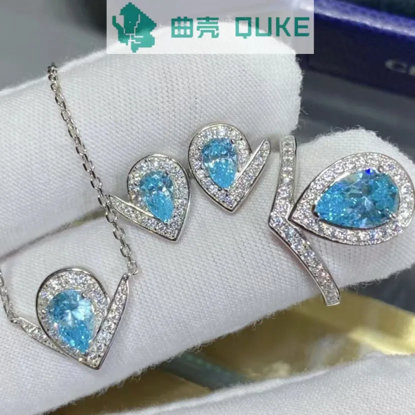 

European and American New Fashion Simple and Fresh Style Water Drop Blue Diamond Women's Earrings Ring Necklace