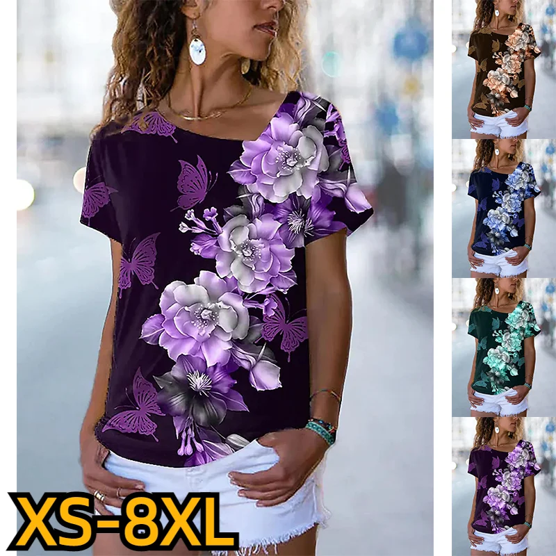 

2023 New Fashion Short Sleeve T-Shirt Flower Printing Pullover Women's 3D Printing T-Shirt Summer V-Neck Casual Top XS-8XL