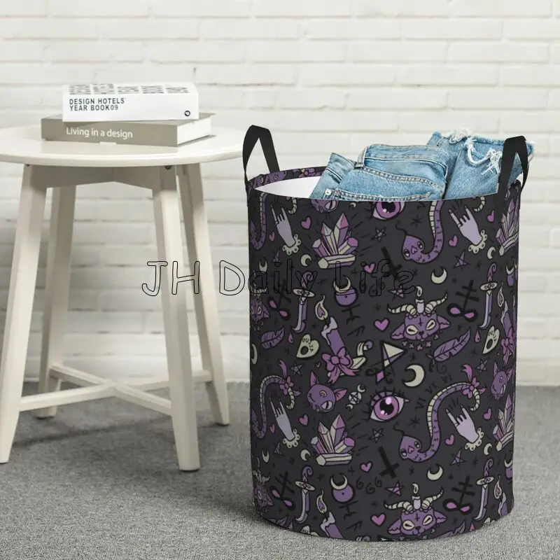 Cute Gray Purple Black Magic Goth Spooky Foldable Oxford Laundry Hamper Waterproof Laundry Basket Toys Clothes Organizer Bin