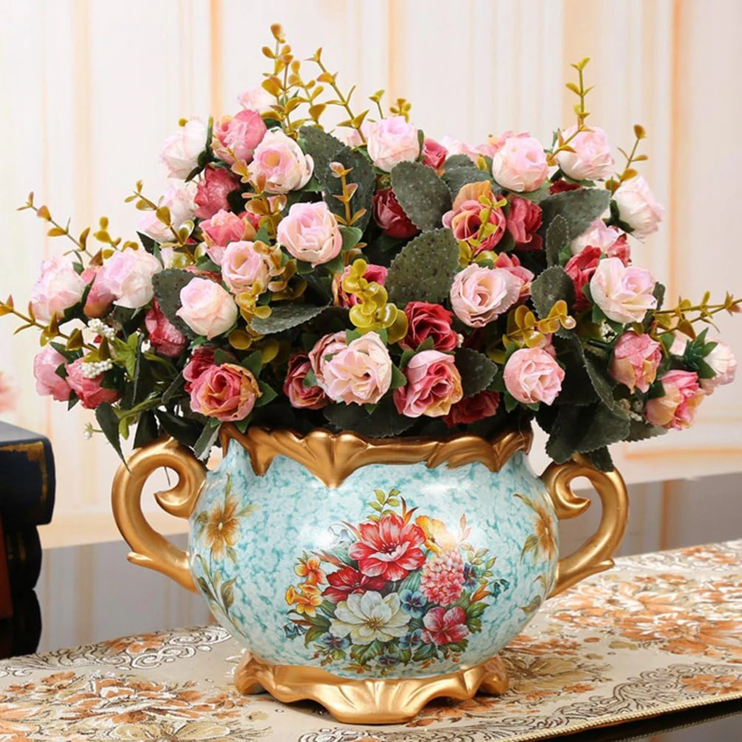 1 STÜCK 7 Gabeln 21 Köpfe Künstliche Blume Seide Rose Hochwertiger Valentinstagskranz Hochzeit Brautstrauß Heimarrangement Vase Tisch – Detail 3