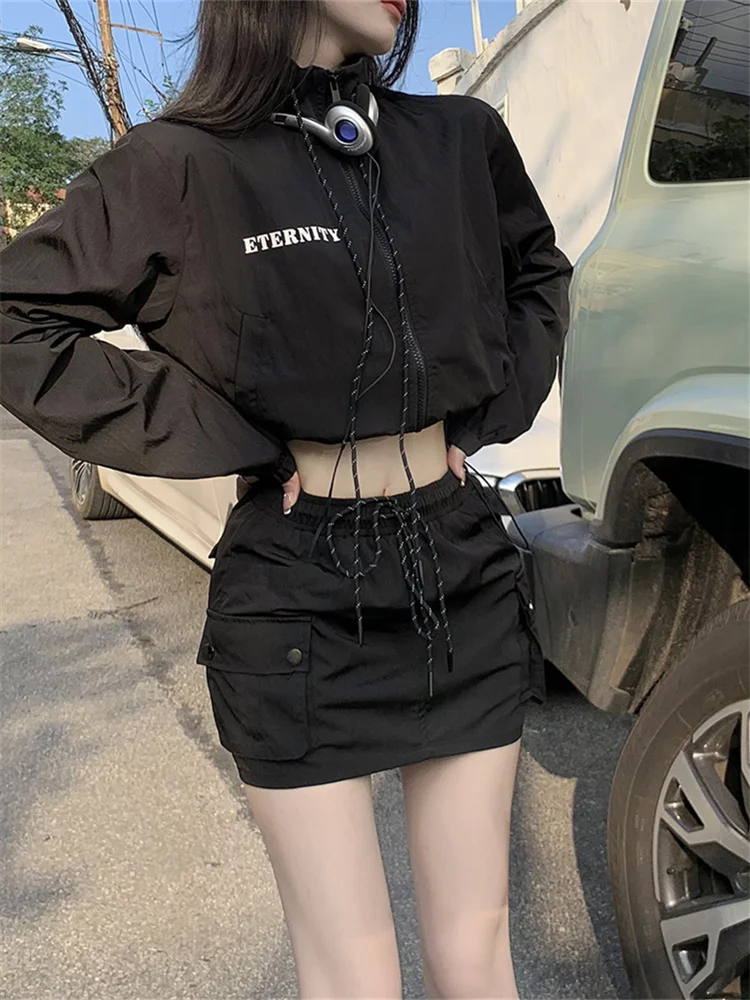 QWEEK Y2K Gorpcore Black Dress Sets Women Techwear Streetwear Two Piece Skirt Set Korean Style Cropped Jacket Harajuku Egirl qweek y2k streetwear black cargo pants women hip hop striped oversized track pants american retro basic wide leg sweatpants