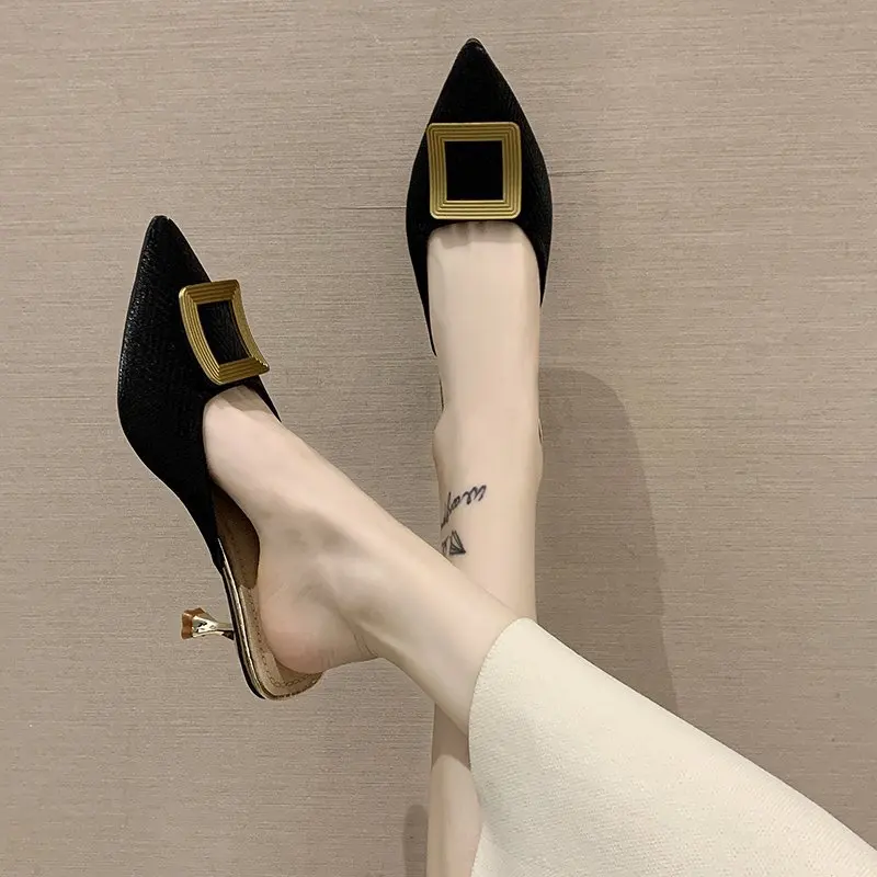 Baotou – pantoufles à boucle carrée en métal pour femmes, nouveau Style d'été, sandales à talons aiguilles pointues à la mode_voghion.com