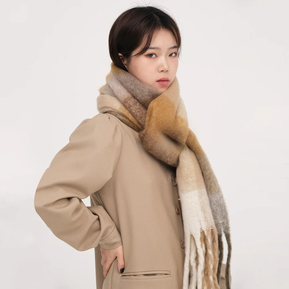 여성용 AC 격자 무늬 모헤어 스카프, 부드럽고 따뜻한 목 숄, 가을 및 겨울 스카프, 캐시미어 롱 머플러, 242cm, 신제품