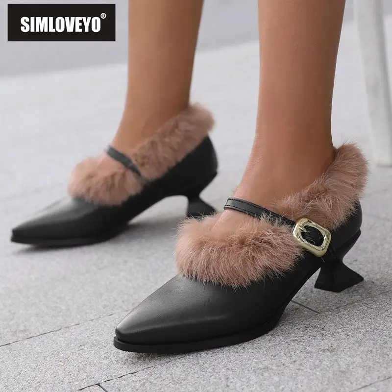 

SIMLOVEYO Winter Warm Pumps for Women Pointed Toe Strange Heels Buckle Straps Plus Size 46 47 48 Mature Daily Female Plush Shoes