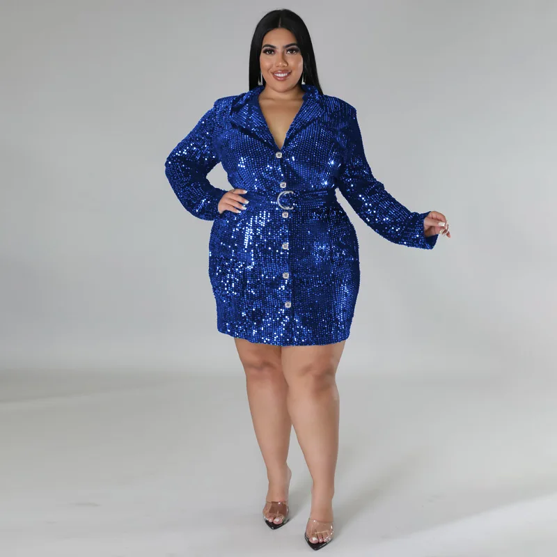 Plus Size Women Sequin Party Dress Long Sleeve Belt Elegant Dress 2022 Fall Casual Female Designer Skirt Fashion Luxury Outwear