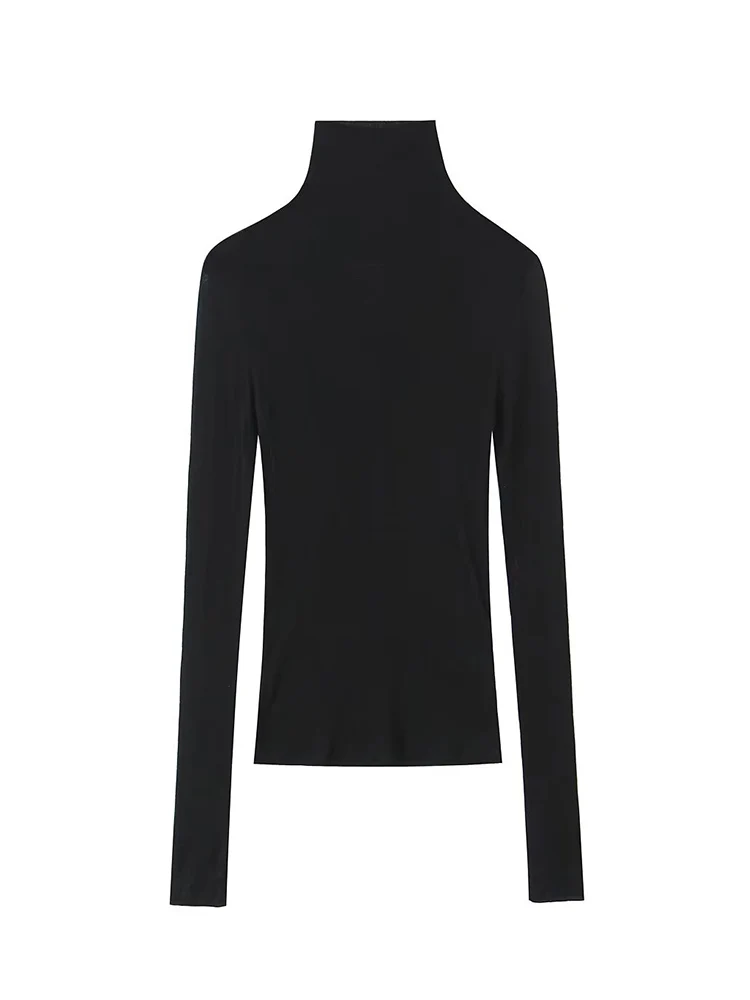 Women Turtleneck Shirts Tops Solid Long Sleeve Blouses Female Spring Autumn Half Transparent  Elegant Stretchy Fashion T-shirt