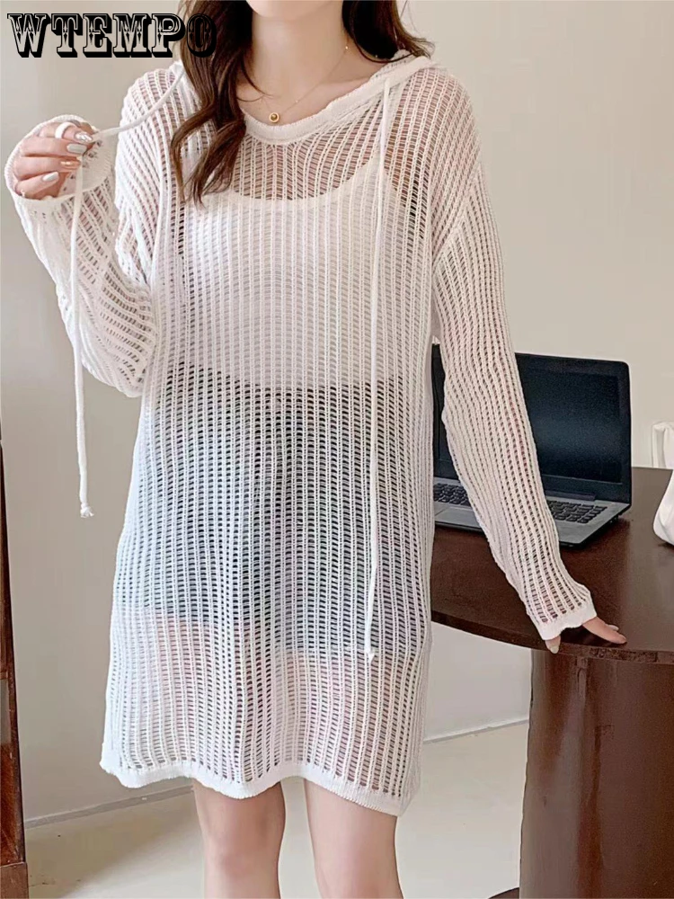 

Hollow Out Long Pullovers Women Korean Fashion Hooded Knitted Sweater Female Loose Sexy Wild Thin Long Sleeve White Jumpers Y2K