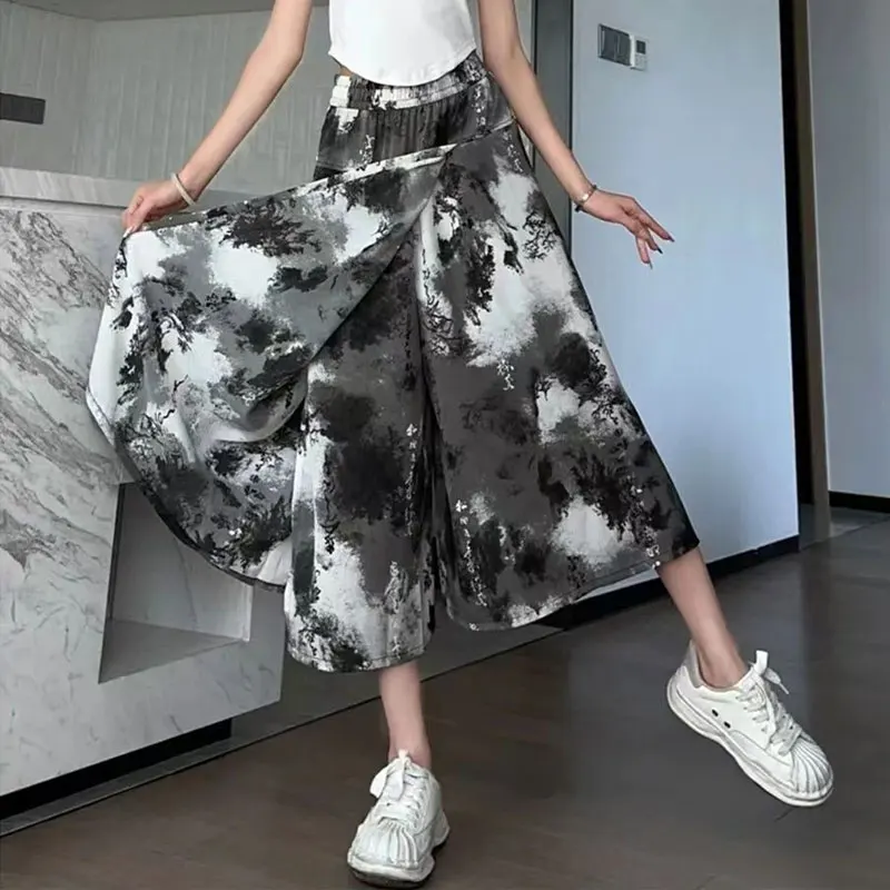 Vintage Tie Dye Wide Leg Pants Skirts Summer High Waist Elastic Female Ink Painting Stylish Asymmetrical Patchwork Cropped Pants