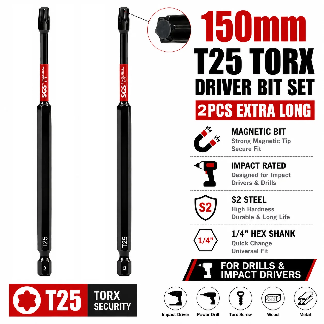 타이탄 임팩트 150mm T25 톡스 드라이버 비트 세트 4개 자석식 스크류드라이버 비트 S2 스틸 임팩트 등급 1/4인치 육각 샹크