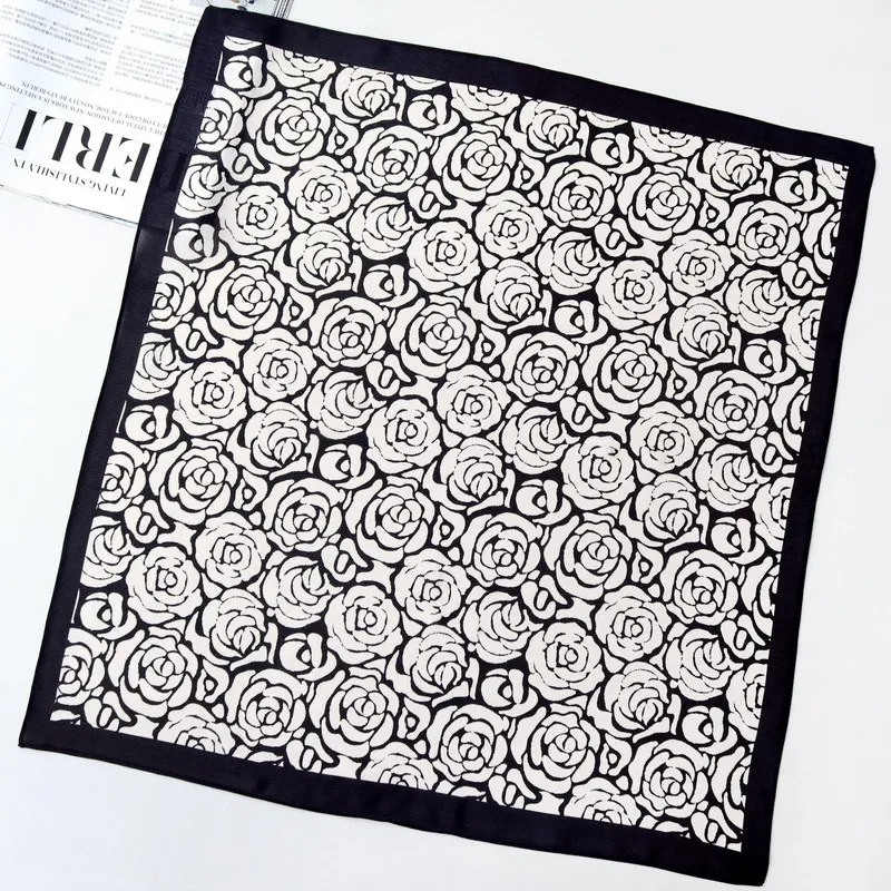 

Женский шарф из натурального шелка, квадратный шарф с цветочным принтом камелии, маленький головной платок, хиджаб, Женский Галстук-бабочка, 53 см, 100%