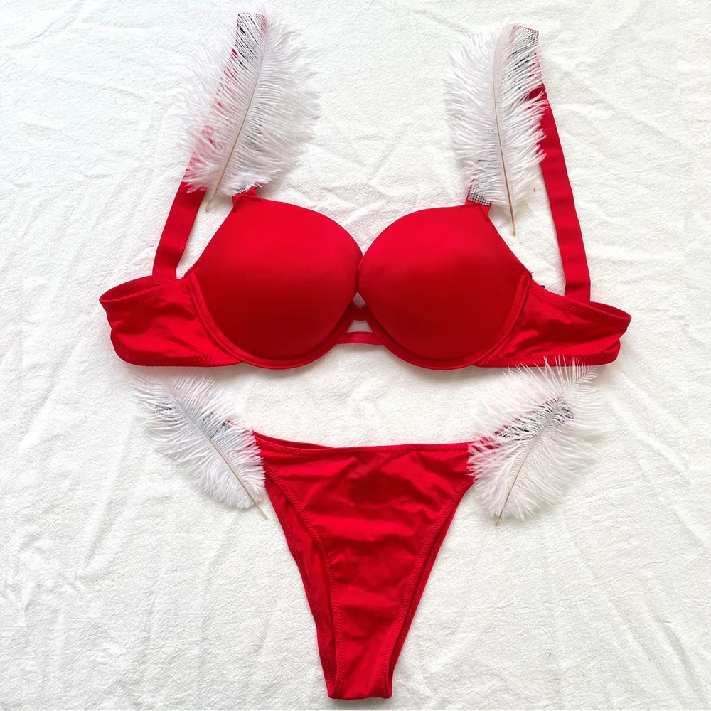 Glossy Women Underwear Rhinestone Letter Comfort Push Up Bra Panty 2 Piece Brief Suit Plus Size Pink Sexy Seamless_voghion.com