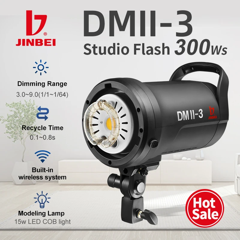JINBEI DMII-3 300W Strobe Monolight - Bowens Mount With LED Modeling Light & Wireless