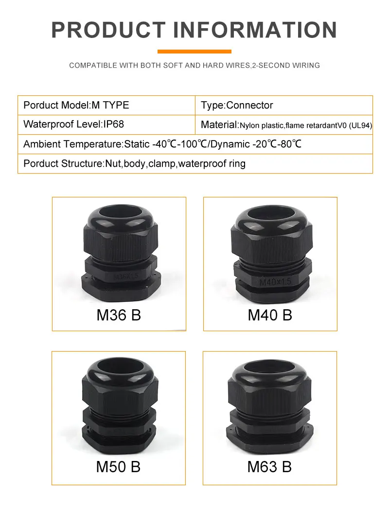 1PCS IP68 Schwarz Wasserdichte Mutter Metallic Kabelverschraubung M Typ Einstellbare Anschlüsse Nylon Kunststoff Dichtung Befestigungs Joint M36/M40/M50/M63 – Detail 6