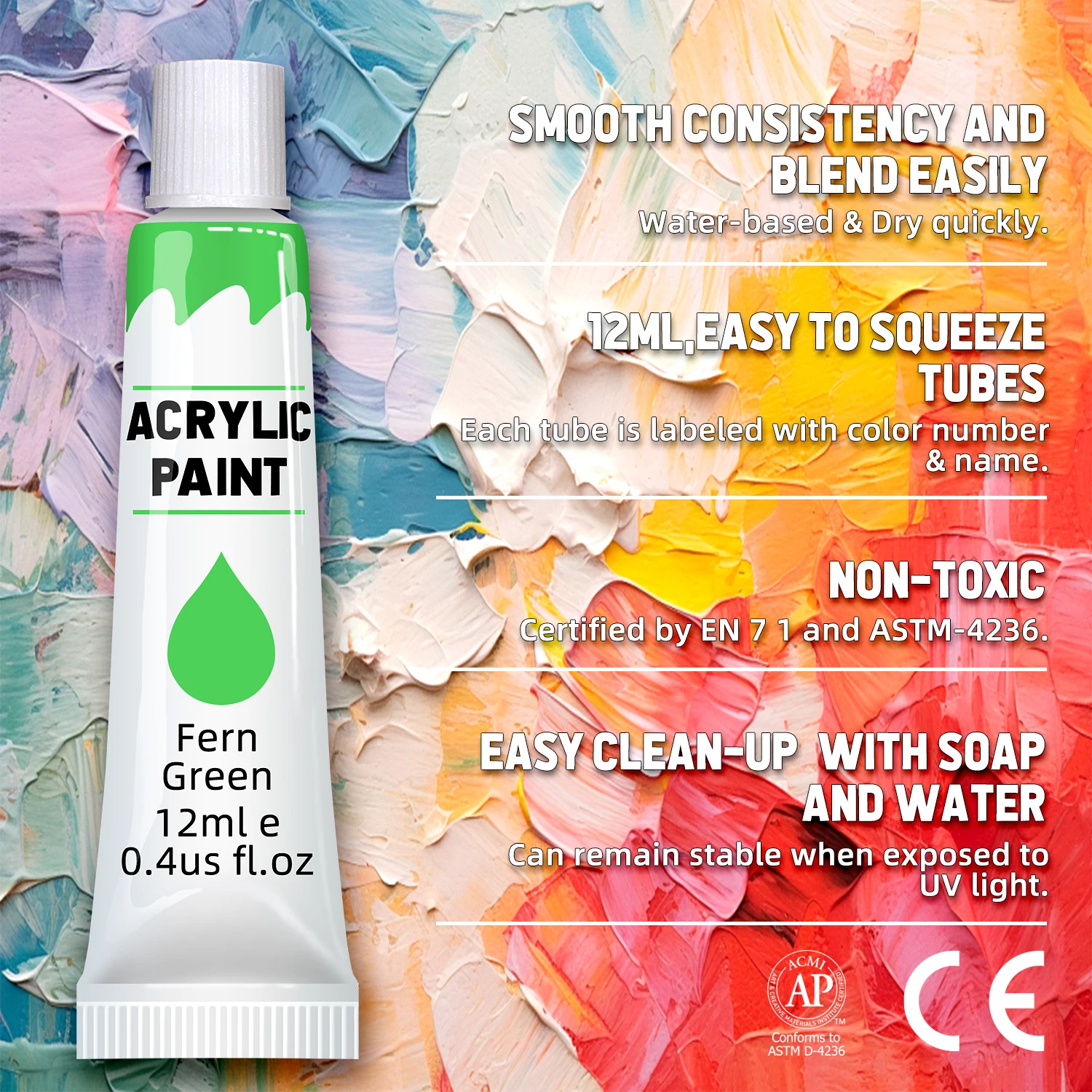 Acrylic Paint Set 12/24 Pack of 12mL Paints,Non-Toxic Craft Paint for Canvas,Wood,Fabric,Leather,Cardboard,Paper,MDF and Crafts 2