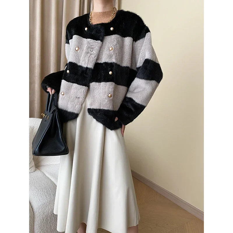 Women Fake Fur Thick Autumn Winter Black White Contrast Small Fragrance Casual Luxury Simple Loose Fashion Warm French Fur Coat