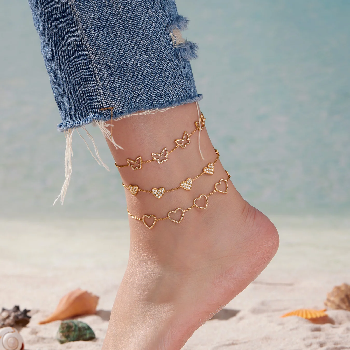Luxus-Armband aus Edelstahl 316, vergoldet, Zirkon, Damenmode, geometrisch, wasserdicht, Fußkettchen, exquisiter Damenschmuck – Detail 20