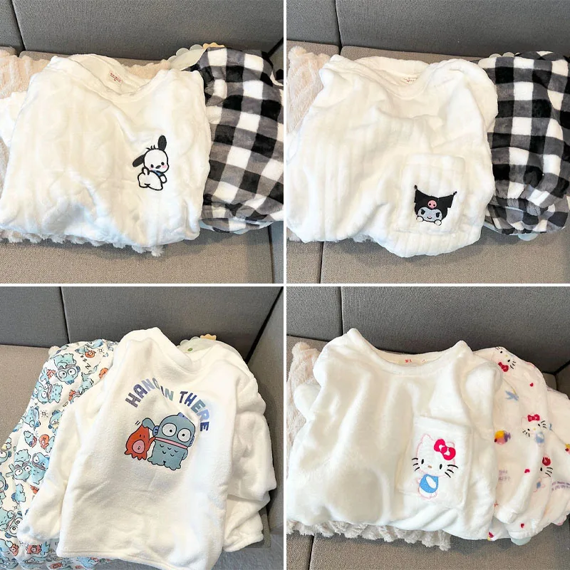 

Anime Cartoon Pochacco Pajamas Winter Flannel Thickened Cute Sweet Pullover Outerwear Home Clothes Suit Plaid Pants Girls