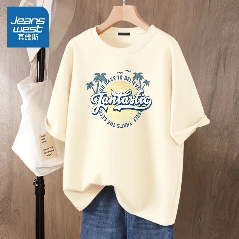 

Women's O-neck Loose Pullover, Short Sleeve, Pure Cotton, Casual, Letter Cartoon Printed Tops, Summer Chic T-shirt, S-5XL