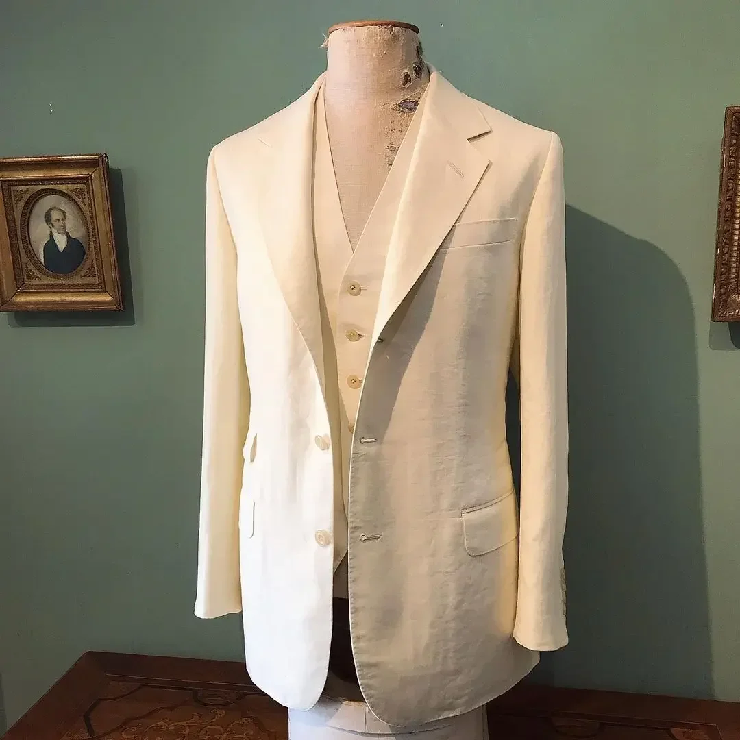 2024 Summer White Linen Suit For Beach Wedding High Quality Custom 3 Piece Male Blazer Slim Fit Prom Suit For Men Costume Homme