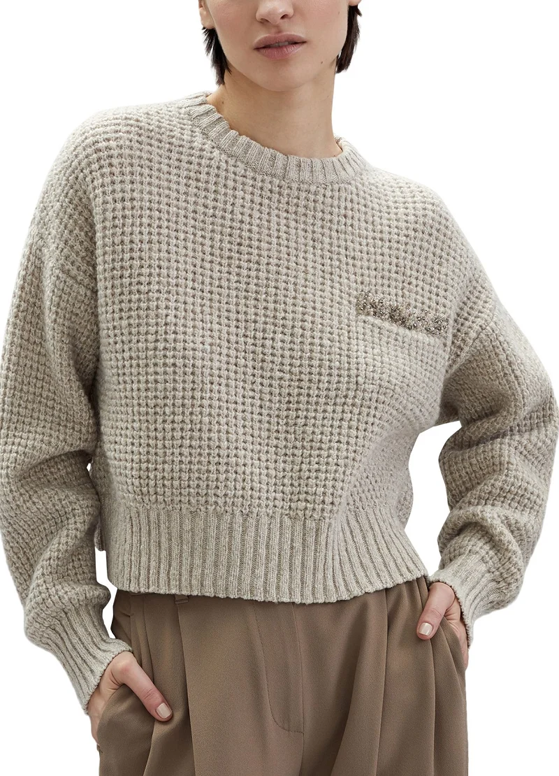 

New Winter Women Sequin Embroidery Simple Gray Cashmere Blend Thick Knitted Crew Neck Sweater