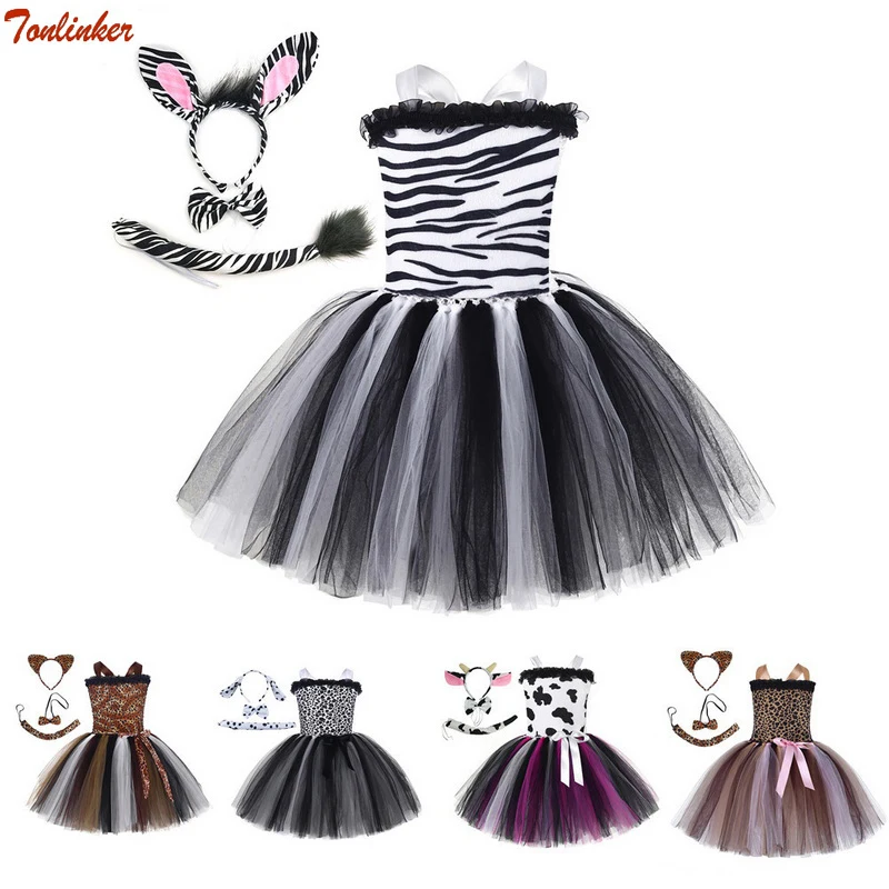 

Halloween Child Forest Animal Cosplay Costume Girls Flower Leopard Zebra Cow Mesh Tutu Dress Headdress Tail Fancy Dresses