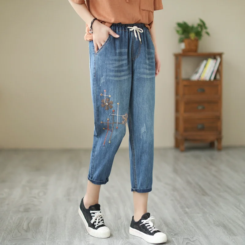 Women's Jeans Korean Capris Casual High Waist Baggy Pants Ladies Streetwear Vintage Floral Embroidery Denim Harem Trousers