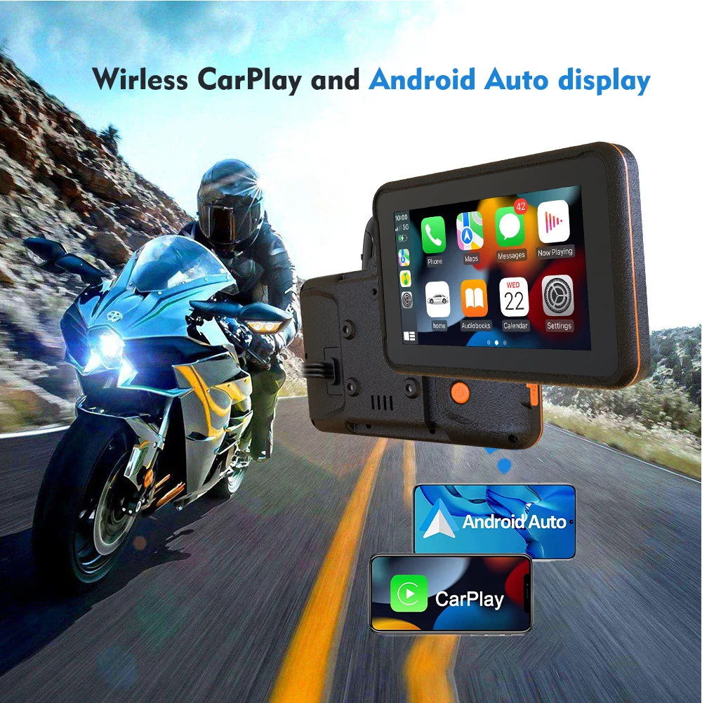 Tragbare motorrad 5 zoll lcd-display für kabellose apple carplay  moto-bildschirm android auto auto spielen gps ipx7 wasserdichte monitor