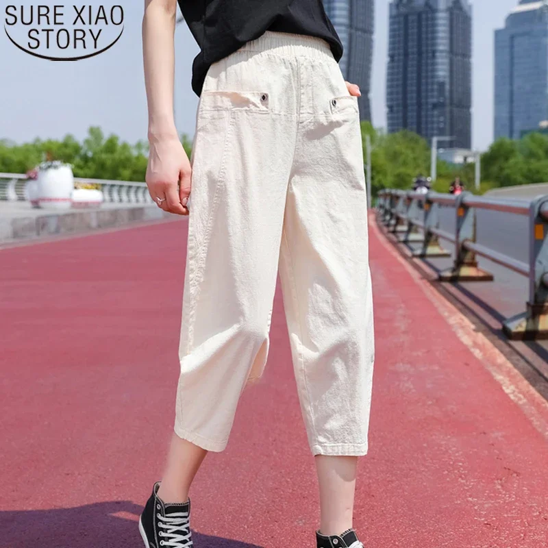 

Harem Pants Women Summer Loose High Waist Cotton Linen Pants Fashion Sweatpants Solid Elastic Waist Ladies Trousers 9211 50