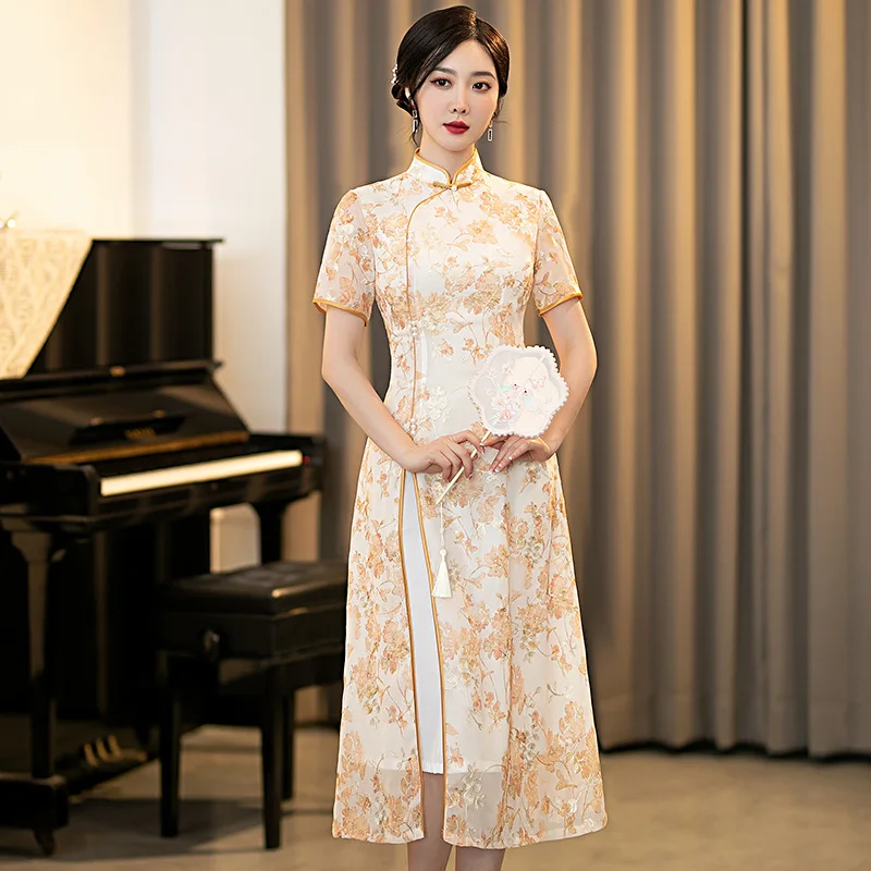 

New Ao Dai Daily Short-sleeved Improved Cheongsam Yellow Mid-length Adult Qipao 2023 Summer Party Chinese Style Dress